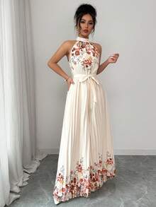 SHEIN Elenzya 优雅印花系带连体裤，适合日常穿着、通勤、家庭聚会、海滩、浪漫假期和旅行。 - 杏色 - 查看 3