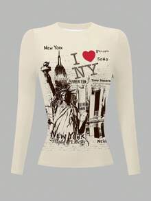 Rovax Women's Fitted Long Sleeve T-Shirt With Digital Print Of Statue Of Liberty, New York Design - Multicolor - View 3