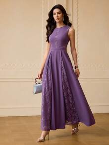 ZEYLAH Women's Round Neck Lace Elegant Waist Cinching Long Party Dress - Purple - View 1