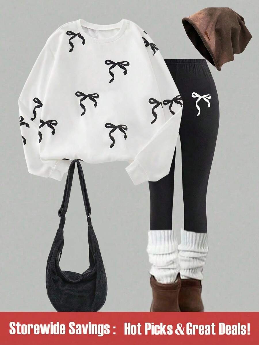 SHEIN 2pcs Women Casual Bow Print Crew Neck Long Sleeve Sweatshirt And Skinny Pants Set, Comfortable For Autumn/Winter - White - View 1