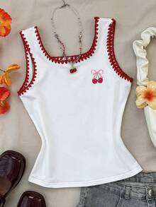 SHEIN Tween Girls' Summer Casual White Contrast Embroidered Cherry Pattern Sleeveless Top - White - View 6
