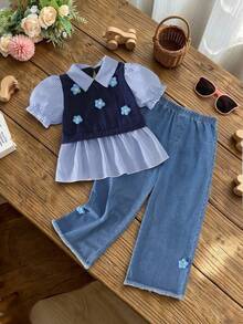 SHEIN Playful Pals 2pcs/Set Toddler Girls' Fashion Cute Casual Denim Outfit, Puff Sleeve Shirt With Collar, Colorblock & 3D Flower Decor + 3D Flower Denim Pants, Spring/Summer - Navy Blue - View 9
