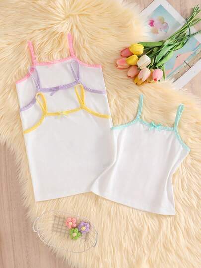 Set de 4 piezas de camisetas de tirantes con adorno de lazo y encaje para niñas pequeñas