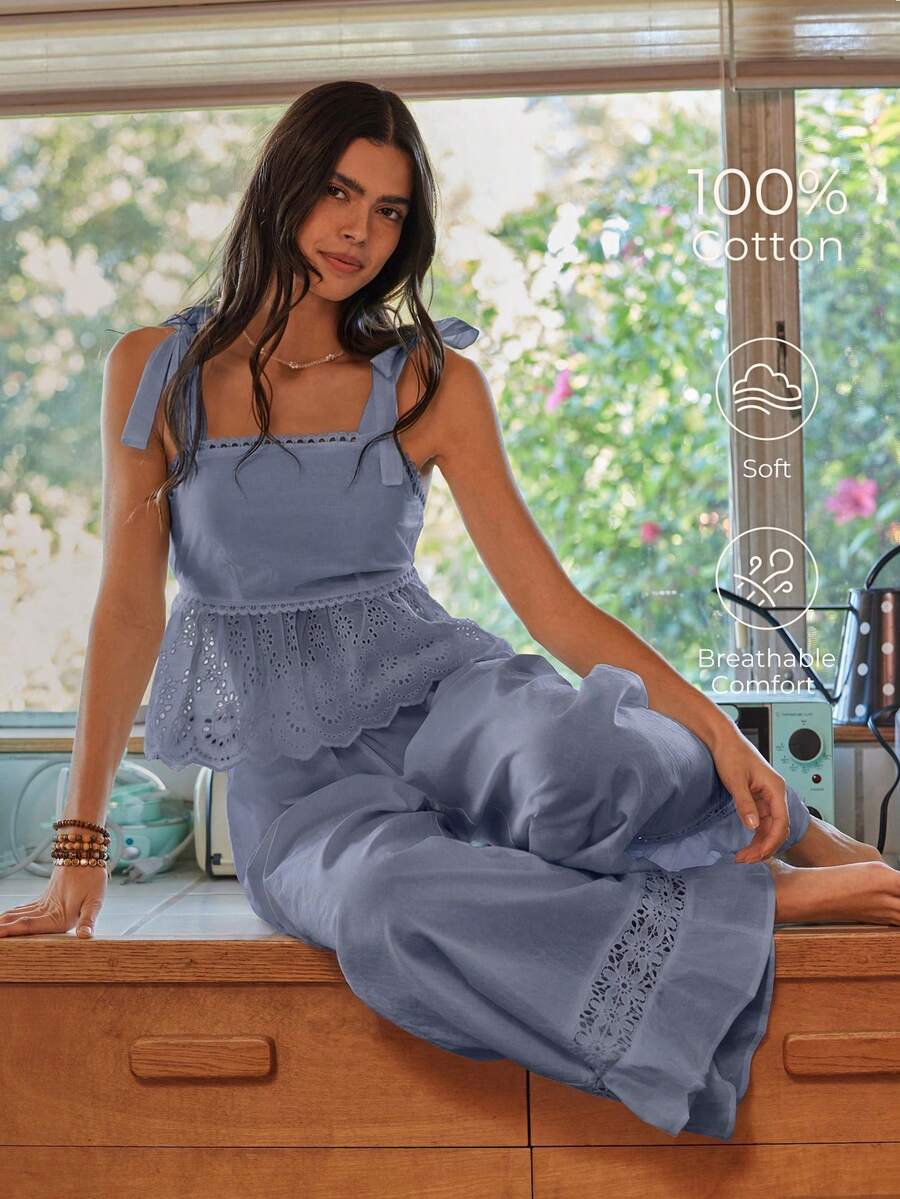 Lullawish Bohemian Style Spaghetti Strap Woven Cotton Women Pajama Set - Blue - View 1