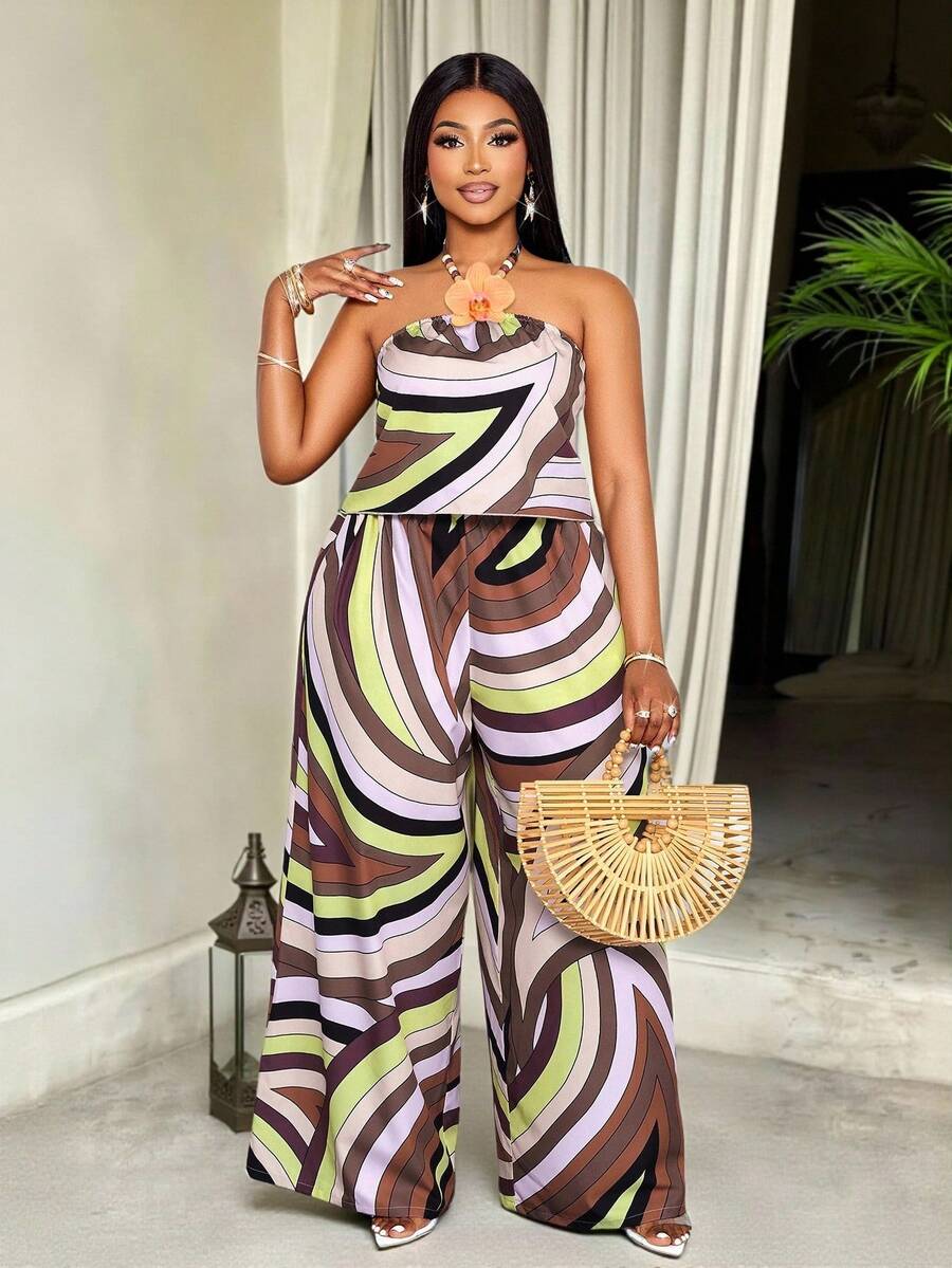 SOLERSUN Conjunto de dos piezas de top halter y pantalones de pierna ancha con estampado todo sobre todo, perfecto para vacaciones en la playa, eventos de primavera/verano, talla grande para mujeres - Marrón - Ver 1