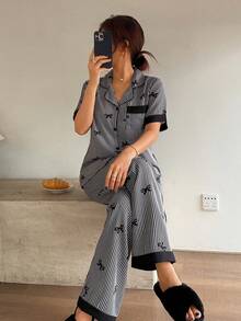 Napfluff Bộ đồ ngủ ngắn tay và quần kẻ sọc phối màu tương phản, cổ bẻ, cài cúc, thích hợp mặc ở nhà, thích hợp cho mùa xuân/hè, quần áo kẻ sọc đen, phù hợp mặc ở nhà. - màu đen - Xem 6