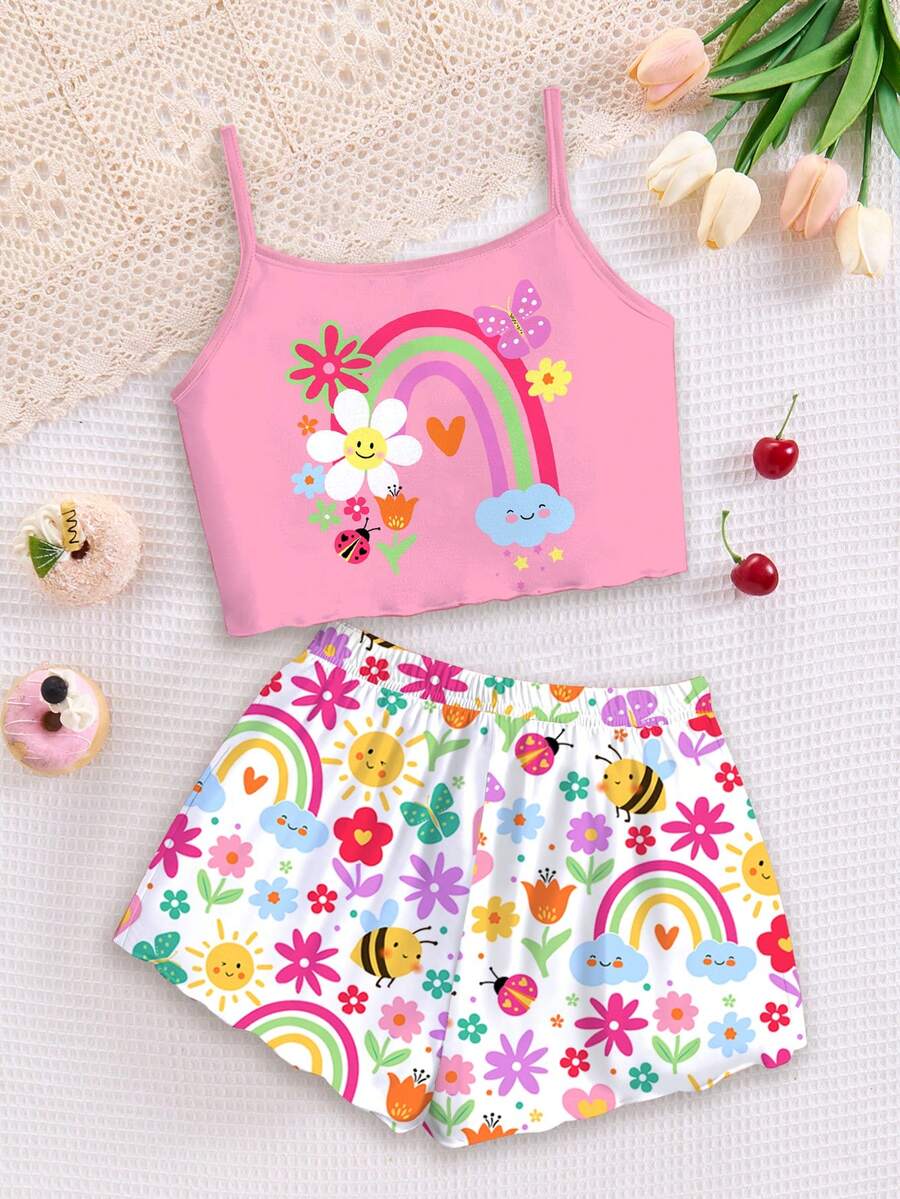 SHEIN 2 Stücke/Set Mädchen Casual Süß Floral, Gesicht, Regenbogen, Insekt, Schmetterling Bedrucktes Trägerhemd und Shorts Pyjama, geeignet für Sommer, Y2K, Süß, Kinder Alltags Mode, Sets für Kinder, Sommer Outfits, Blüten Vogue, Neuer Herbststil, Erschwingliche Mode, Gemütlicher Frühling und Sommer Stil, Einfacher Komfort, Sommer, Urlaub, Frühling/Sommer - Verschiedenfarbig - Übersicht 1