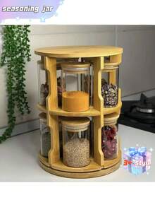 Juego de estantería de especias de madera de doble capa disponible, con frascos de especias de vidrio de 65 mm * 100 mm, estantería de especias de madera para el hogar, bandeja giratoria de 2 capas, estantería de almacenamiento de cocina, estantería de almacenamiento de especias para armario, frascos herméticos para alimentos, frascos de vidrio herméticos. - Multicolor - Ver 3