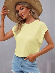 SHEIN LUNE Maglietta casual a maniche corte e collo rotondo in maglia tinta unita da donna - Giallo chiaro - Visualizzare 5