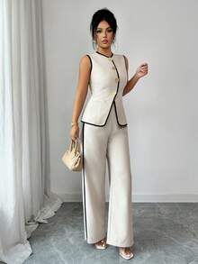 Rafferiza Women's Elegant Casual Contrast Trim 2 Pieces Set Elegant Black And White Contrast-Stitched Summer Two-Piece Set. - Apricot - View 5