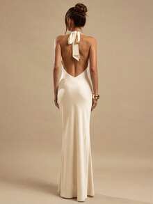 SHEIN BAE 李子色褶皱领口优雅修身缎面长裙，适合伴娘、社交活动、优雅场合、婚礼宾客着装、早午餐等夏季穿着。 - 白色 - 查看 2