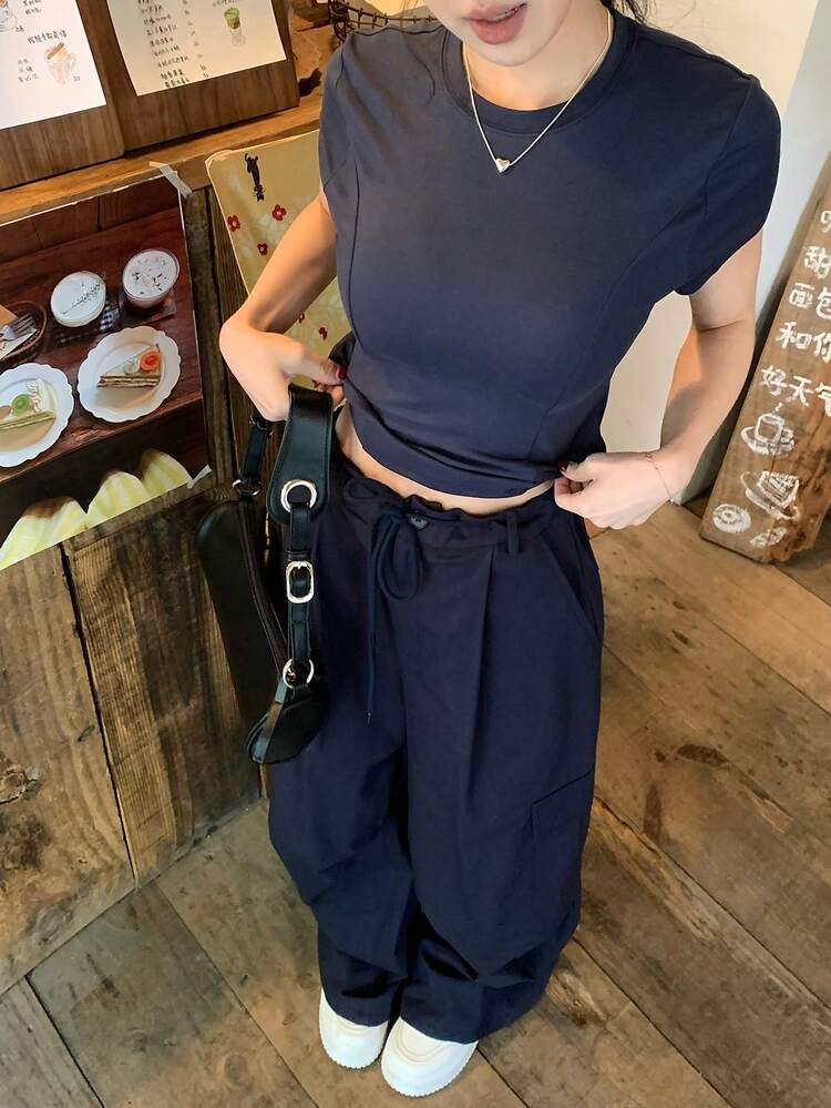 Women's Solid Color Round Neck Short Sleeve T-Shirt And Pants Casual 2-Piece Set Summer