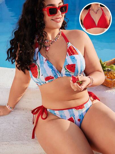 Swim Mod Plus Size Reversible Watermelon Print 2 Pieces Swimsuit