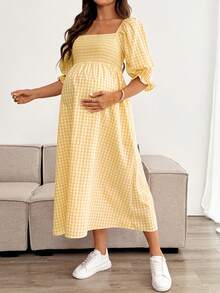 SHEIN Maternity Casual Plaid Dress For Summer - Yellow - View 3