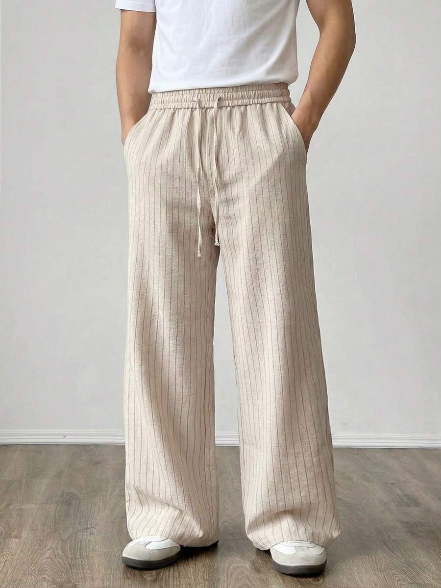 SWAVVY Men's Striped Casual Straight Loose Pants With Pockets, Versatile - Apricot - View 1