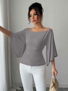 Celisse Knitted High Elasticity Flare Sleeve Women T-Shirt - Grey - View 5