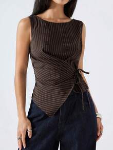 LYSMO Áo tank top không tay cổ tròn kiểu dáng tối giản mới năm 2026 với họa tiết tối giản, màu nâu, áo buộc dây phía trước màu nâu, áo bất đối xứng, áo kẻ sọc mỏng, áo kiểu thời trang nữ/áo kiểu nữ thường ngày - màu nâu - Xem 4
