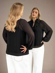Auralis Plus Size Women Elegant Solid Color Blouse For Commuting Summer Outfit For Women  Black - Black - View 3