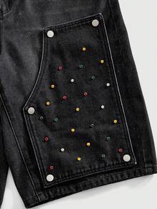 ROMWE MEN Street Life Men's Rhinestone Decorated Denim Bermuda Shorts - Black - View 4