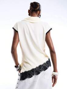 LYSMO 女士不对称下摆蕾丝边圆领衬衫 - 鵝黃色 - 查看 2