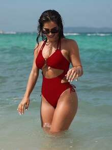 SHEIN Swim 女士露背吊带性感连体泳衣 - 紅色 - 查看 5