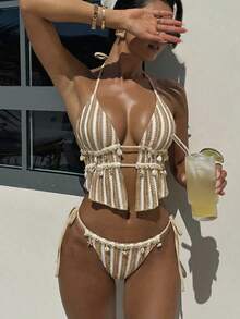 Bellisia Women's Boho Sexy Summer Beach Golf Holiday White Swimwear Set, Textured Jacquard Knit Fabric,Shell Trim,Spaghetti Strap Drawstring Bikini Outfit - Brown - View 4