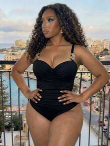 Swim Lushoire 2026 Nouveau maillot de bain une pièce de grande taille à bretelles larges de couleur unie, convient pour les vacances à la plage au printemps/été - Noir - Voir 1