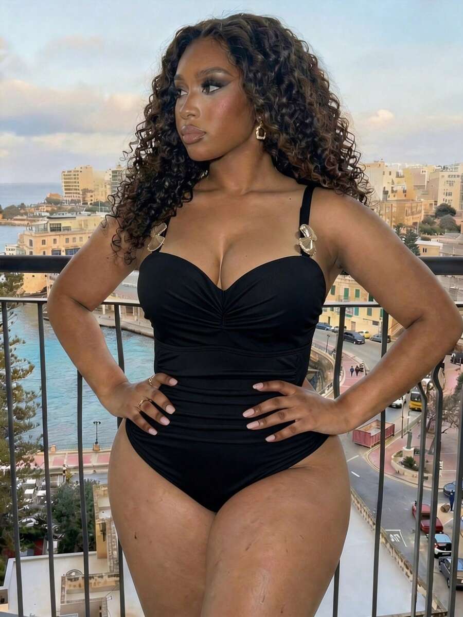 Swim Lushoire 2026 Nouveau maillot de bain une pièce de grande taille à bretelles larges de couleur unie, convient pour les vacances à la plage au printemps/été - Noir - Voir 1