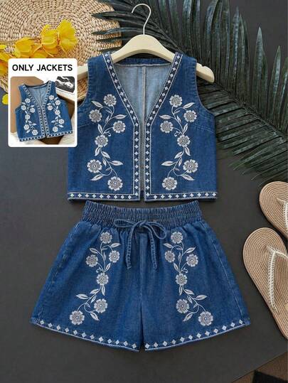 GlowEve Women's Floral Embroidered Open Front Casual Denim Vest