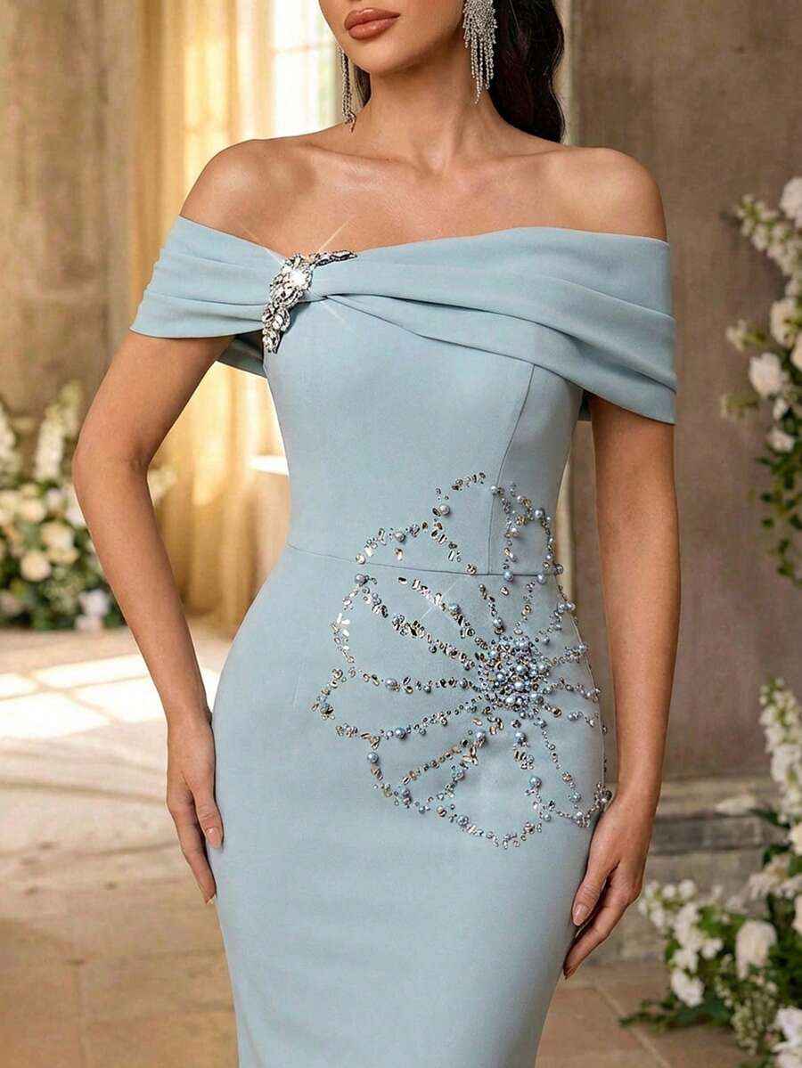 Aureia 优雅天蓝色弹力针织露肩蝴蝶结连衣裙,奢华水钻点缀领口,美人鱼廓形搭配荷叶边下摆,适合约会、度假、单身派对、婚礼和正式场合。 - 薄荷藍 - 查看 1