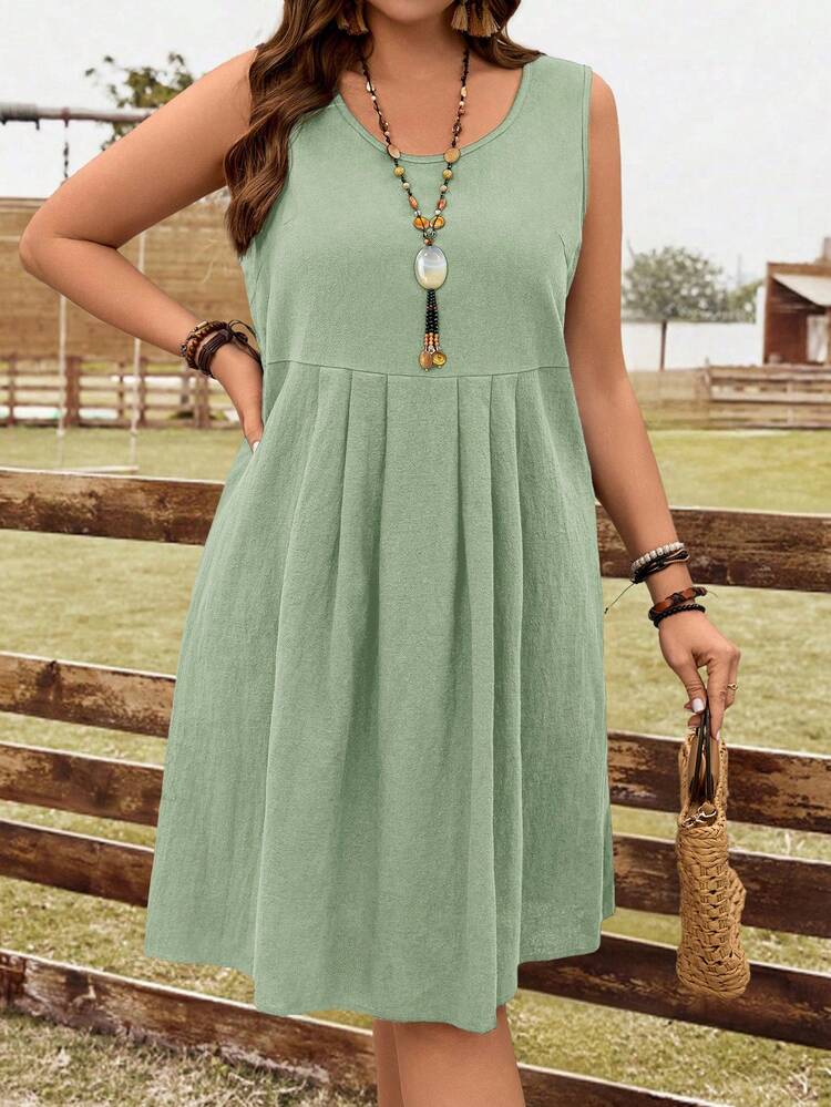 Plus Size Women's Summer Casual Vacation Country Solid Color Green Round Neck Pleated Casual Vacation Sleeveless Dress, Suitable For Summer,Summer Outfits For Women ,Vacation Outfits Women ,Holiday Outfits For Women,Going Out Outfits,2026 New Clothes,Simple And Fashionable For Everyday Wear,Suitable For Summer, Vacation, Daily Wear, Festival Outfits For Women,Beach Outfits For Women,Western Style,Flowy Dress
