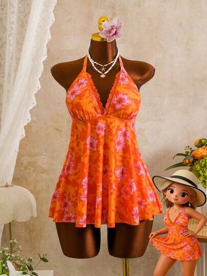 Slaydiva 2026 New Floral Print Minimalist Sweet Black Plus Size Tankini Swimsuit Set, Summer