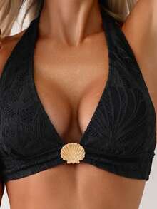 SHEIN Swim Lushore Women's Jacquard Fabric Front & Middle Shell Metal Buckle Halter Split Bikini Set, Scallop Shell Detail, Textured Bikini - Black - View 3