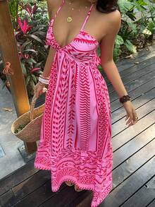 SHEIN PETITE Đầm dài buộc nơ cổ yếm in họa tiết boho đa năng dành cho nữ, thích hợp cho kỳ nghỉ hè. - Nhiều màu - Xem 5