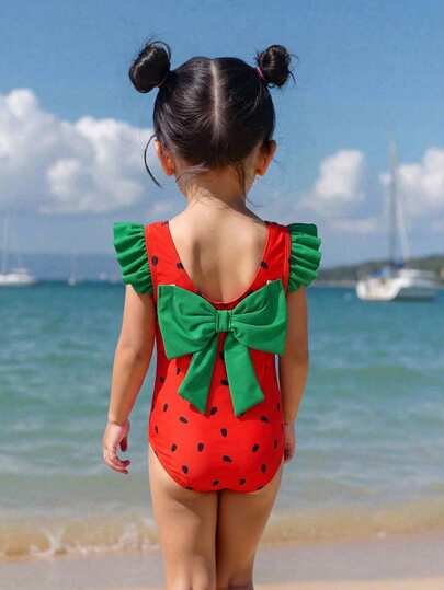 Emery Rose Kids Emery Rose Kids Traje de baño de una pieza con mangas de volantes y lazo para niñas pequeñas, conjunto a juego con la hermana