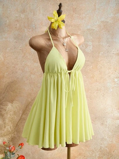 Mistrie Summer Beach Vacation New Arrival Spaghetti Strap Textured Light Yellow Puff Skirt, Sexy Open Back Umbrella Mini Dress For Women