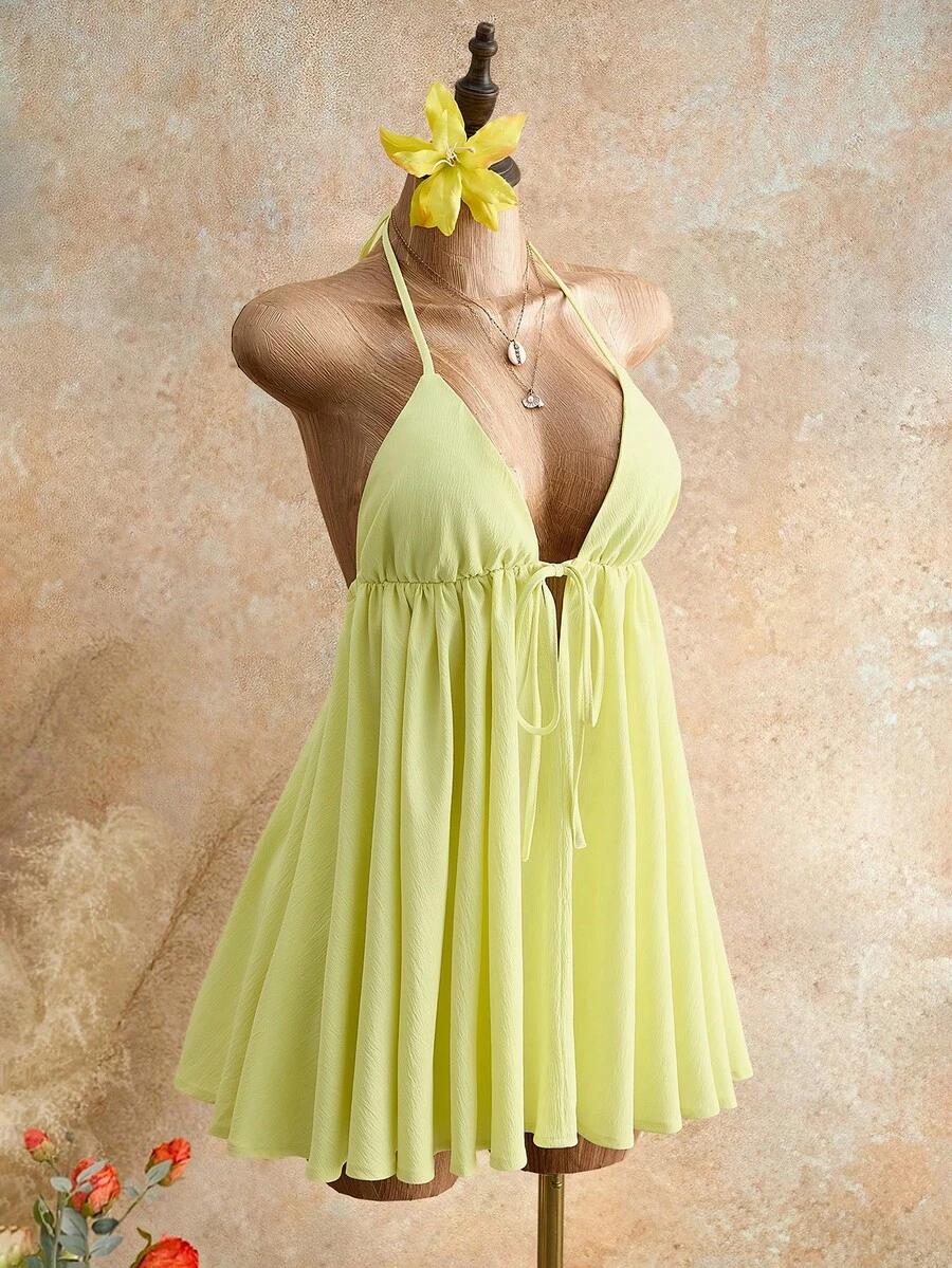 Mistrie Summer Beach Vacation New Arrival Spaghetti Strap Textured Light Yellow Puff Skirt, Sexy Open Back Umbrella Mini Dress For Women - Light Yellow - View 1