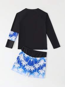 Fantacosmos Tween Boys 2-Piece Swimwear Set, Cool Surfing Style, Black Main Body, Raglan Sleeve Design, White "SURF" Letter Print On Front, Gradient Blue & White Palm Tree Print On Side And Sleeve, Gradient Blue & White Palm Tree All-Over Print Bottoms, Knitted Digital Printing, Fashionable, Casual, Suitable For Swimming, Summer Vacation, Beach, Pool Party - Multicolor - View 2