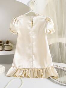 Elladie kids Soft Beige Flower Girl Party Dress For Kids,Summer Charming Young Girls Puff Sleeves Pearlescent Decor Gown With Black Bows,Round Neck Adorable Bride - Apricot - View 2