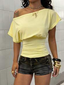 StreetHx Women's Spring/Autumn Asymmetric Neck Short Sleeve Fitted White T-Shirt - Yellow - View 3