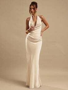 SHEIN BAE 李子色褶皱领口优雅修身缎面长裙，适合伴娘、社交活动、优雅场合、婚礼宾客着装、早午餐等夏季穿着。 - 白色 - 查看 4