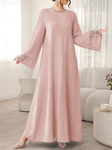 Al Najma Vestido casual de resort árabe con cuello redondo, manga larga suelta y cinta de empalme de unicolor - Rosa - Ver 7
