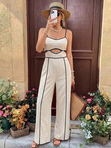 Elyressa 女士编织优雅夏季度假连体裤 - 杏色 - 查看 1