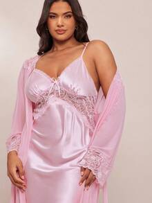 SHEIN BAE Set de 2 piezas de bata y camisón de pijama con parches de encaje de lujo, talla grande - Rosa - Ver 7