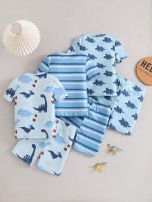 Set de 6 piezas de pijama con camiseta y pantalones cortos con estampado de dinosaurio de dibujos animados y rayas para niños pequeños - Multicolor - Ver 2
