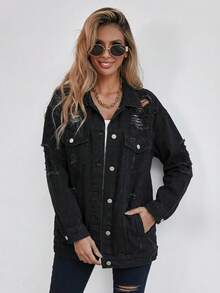 Selenza Button Blue Front Flap Pocket Drop Shoulder Denim Jacket - Black - View 5
