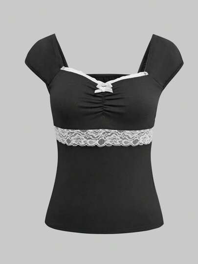 Glimmora Women's Lace Bow Decor Fitted Casual Blouse