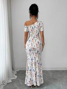 Elenzga Women's Yellow Floral Print Asymmetrical Shoulder Fitted Mid-Length Dress, Elegant For Spring/Summer Vacation - Multicolor - View 2