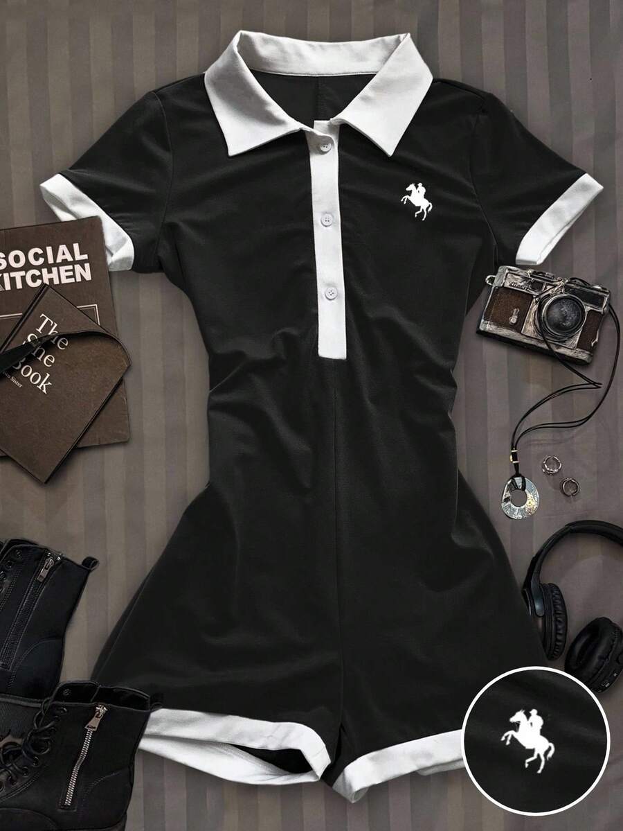 Attitoon 女士休闲简约骑士印花撞色短袖连体裤 - 黑色 - 查看 1