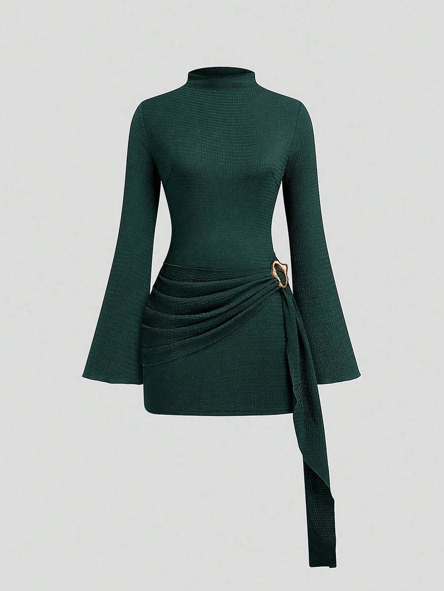 Sweetra Plus Size Women Metal Crescent Moon Buckle Dress - Dark Green - View 1